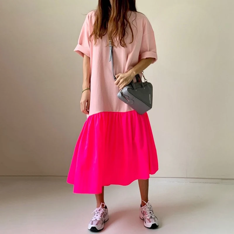 Chic Anti-âge rond Ne ample ourlet plissé couleur Blo T-shirt Sle Long Dr femmes coréen Sle trajet été Dr