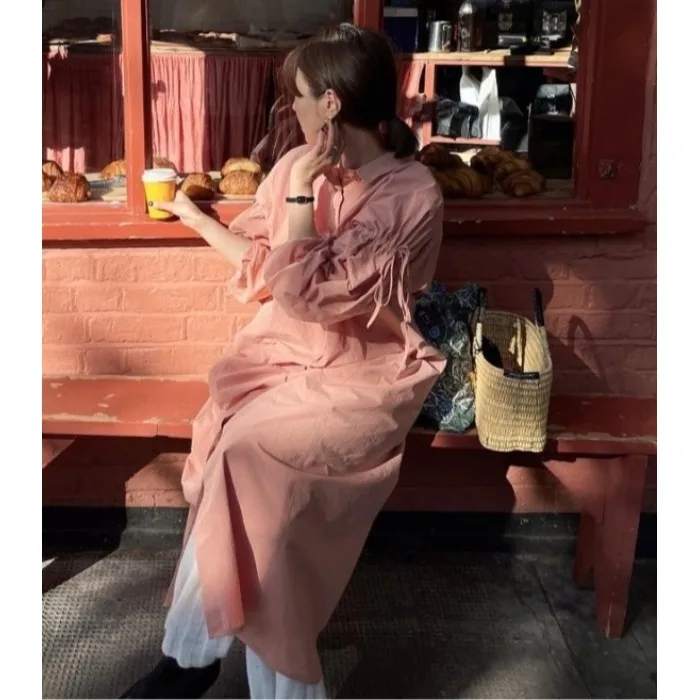  Collar Lantern Sleeve Casual Loose Versatile Single Button Drawstring Dress Street Style Summer Women's Fashion Dress