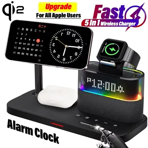 Qi2 5 em 1 suporte magnético carregador sem fio led night light despertador para samsung iphone iwatch airpods estação de carregamento rápido