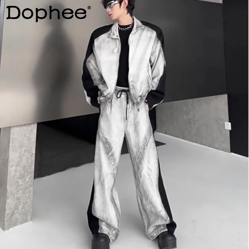 

Мужские осенние новые комплекты высокого класса 2025, стильная джинсовая куртка с подкладкой на плечах для мальчиков, модные длинные брюки, модные комплекты из двух предметов