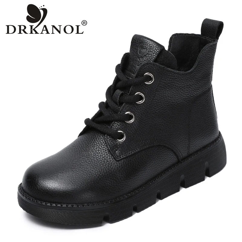 DRKANOL Fashion Women Flat Boots Autumn Winter Warm Shoes Handmade Retro Genuine Leather Round Toe Soft Casual Ankle Short Boots