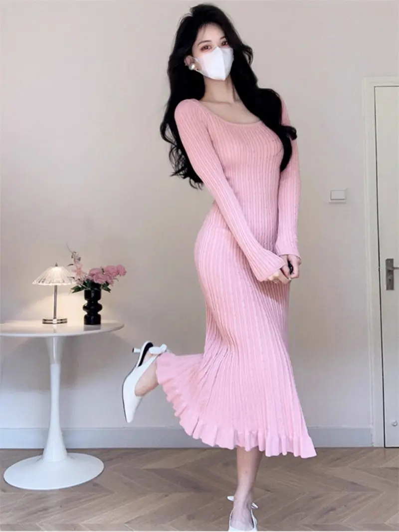 Autumn And Winter Knitted Dress With Low Round Neck Temperament Korean Version Slim Fit Versatile Base Sweater Dress Midi A360