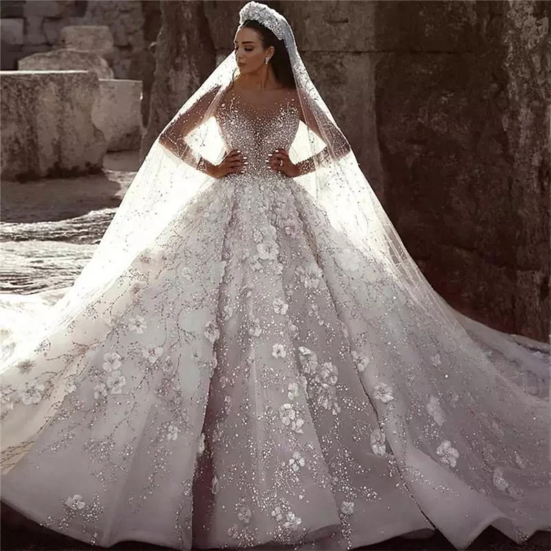 Sparkle Ball Wedding Dress Long Lace Sleeves Beading 3D Flowers Wedding Long Gown Lace Appliques Tulle Vestido De Novia encaje