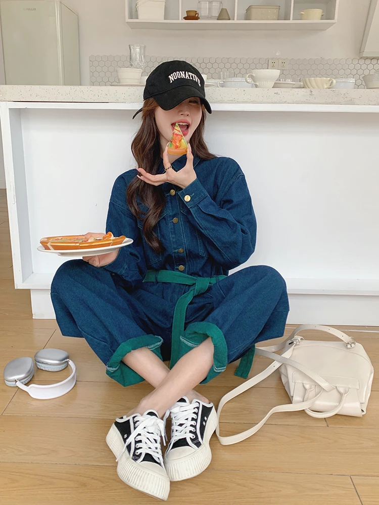 カラーブロワークウェアデニムジャンプスーツレディース春秋ルーズカジュアルファッショナブル年齢軽減ワイドレッグパンツ