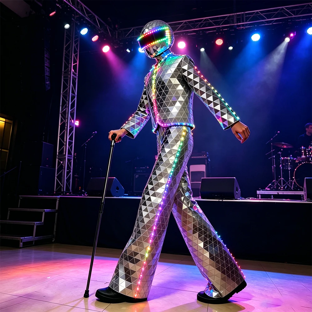 

Men's Silver LED Stilts Walker Mirror Costume Hand Sewn Stage Performance Suit Mirror Design Golden Color for Special Occasions