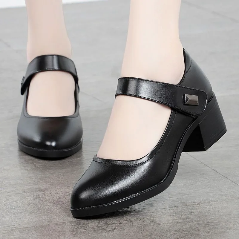 Women\'s Leather Shoes 2024 Autumn Comfortable Casual  Non-slip Soft Sole Wedge Mother Shoes Black Breathable Mid-heel Work Shoes