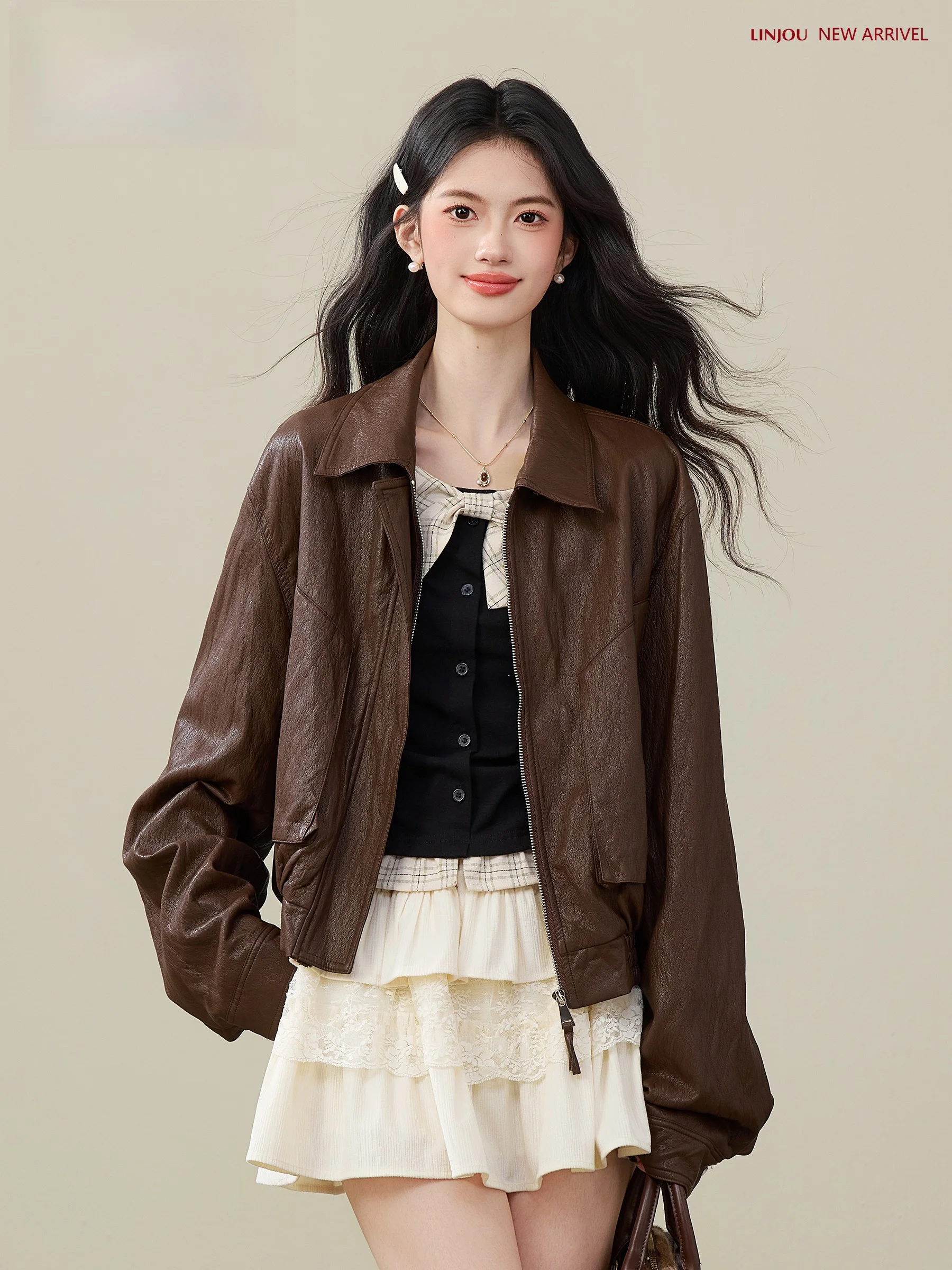 Lingjiu アメリカンレトロブラックショートレザージャケット女性の秋冬デザインセンスショートコートトップカジュアルスタイルルーズフィット