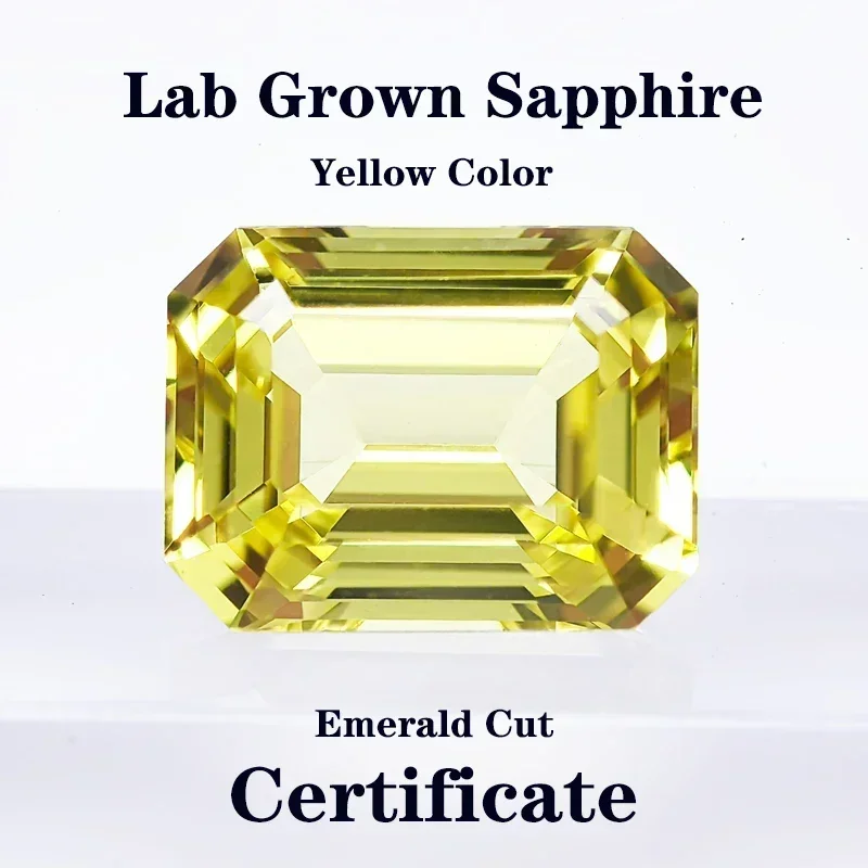 

Lab Grown Sapphire Yellow Color Emerald Cut Gemstones for Charms DIY Ring Necklace Earrings Materials Selectable Certificate