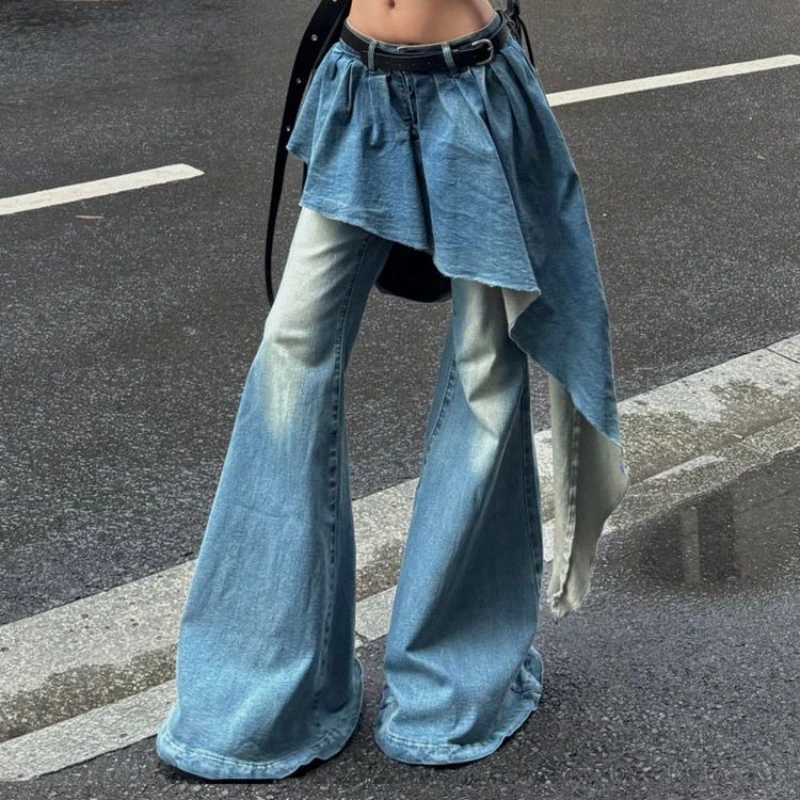 Women Spring and Autumn Jeans Flared High Waist Belt Vintage New Design Sense Splicing Simple Fashion Design Sense Brand Trends