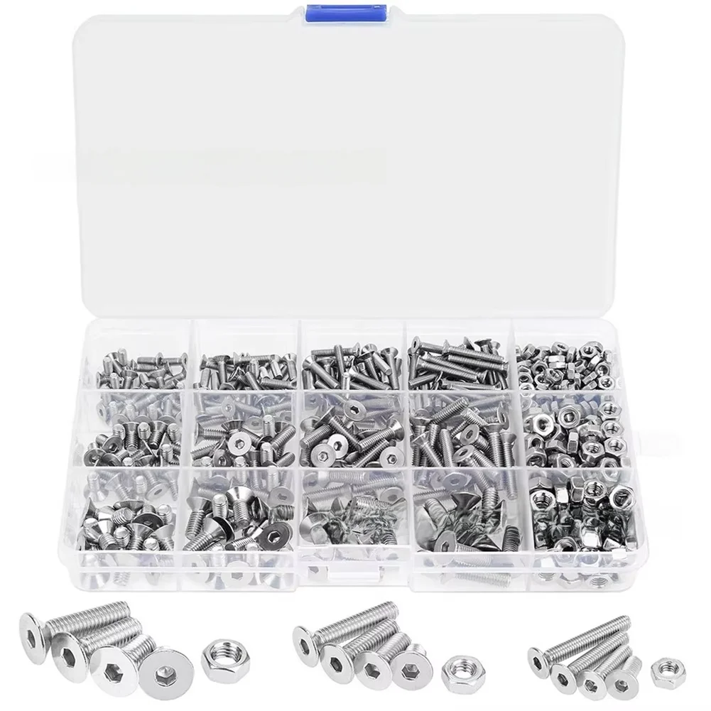 500Pcs 304 Stainless Steel Flat Head Hexagon Socket Bolt Nut Assortment Kit Metric Fastener Set Furniture Machinery Assessories
