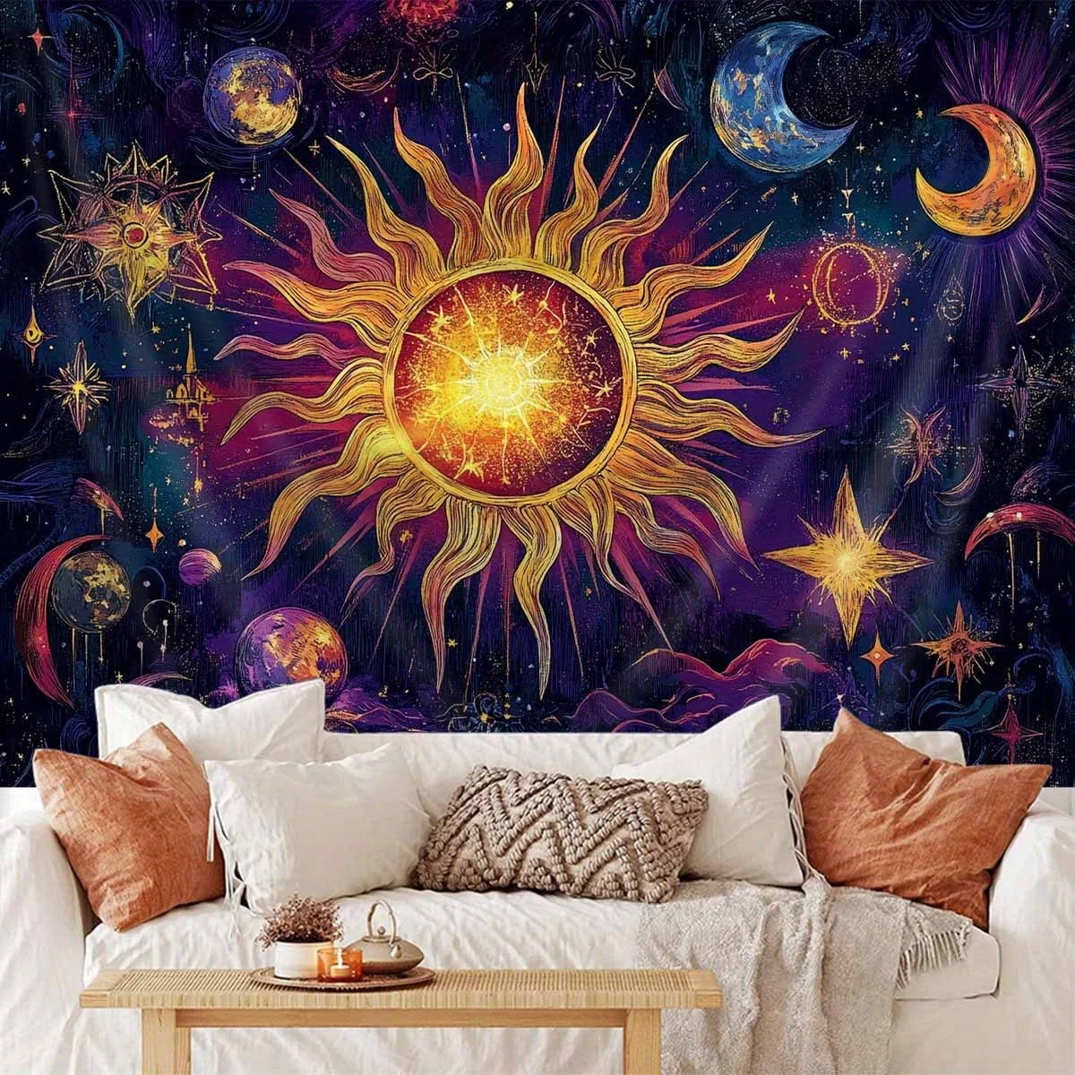 VIKAMA Cosmic Galaxy Tapestry Golden Sun Planet New Moon Starry Sky Special Effects Sci-Fi Theme Bedroom Decor