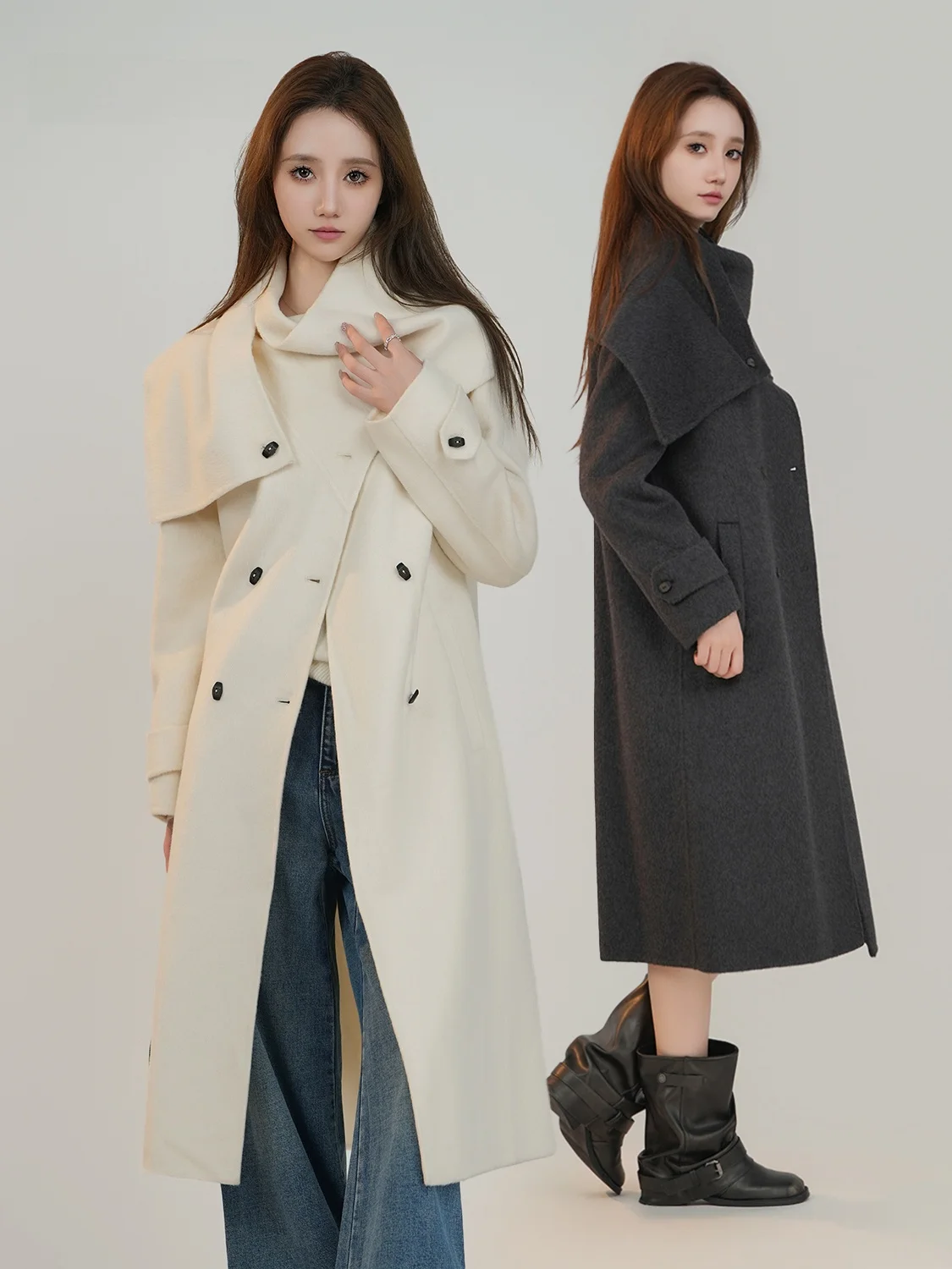 

Белое шерстяное пальто с шарфом-накидкой для Нового года от Wang Chu Ran: прямой крой, длинный рукав, гарантия тепла