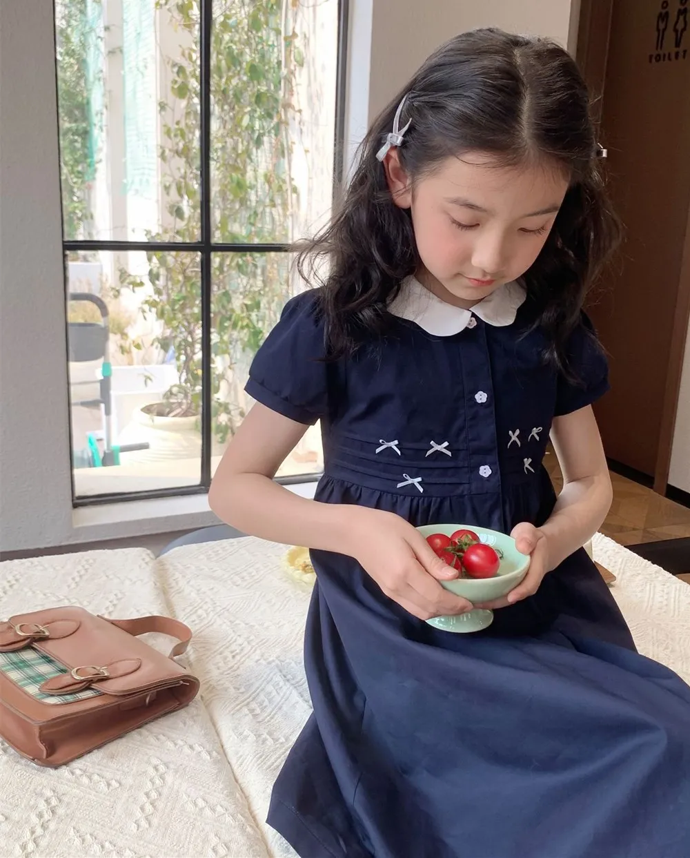 

kids girls clothes baby dresses Bow decoration short sleeved dress Student style summer girls' dress