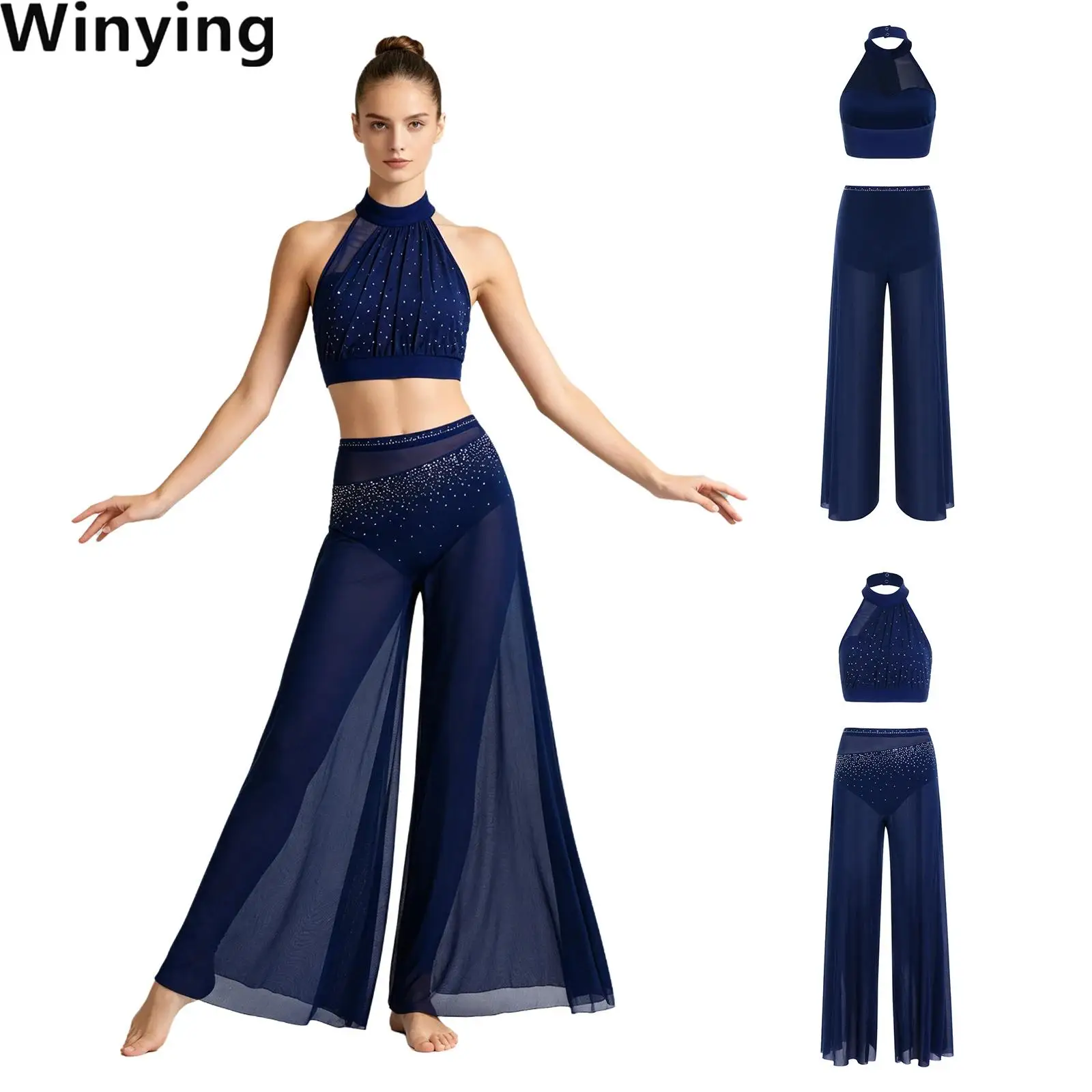 Women Sleeveless Rhinestone Mesh Tulle Patchwork Crop Top with Elastic Waistband Built-in Bottoms Wide-leg Pants