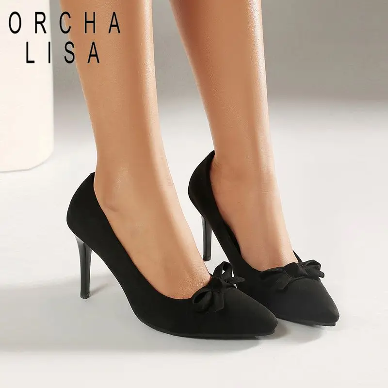 

ORCHA LISA Fashion Female Pumps Pointed Toe Stiletto Heel Slip On Butterfly Knot Extended Size 44 45 46 Sexy Party Shoes Autumn