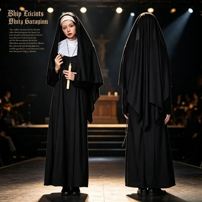 Nun Costume Black Long Dress Halloween Party Carnival, Role-playing Stage Performance Costume