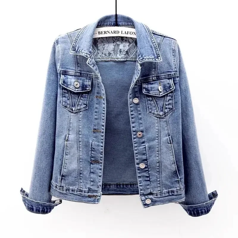 Stretch Denim Jackets Womens 2023 Spring Autumn New Temperament Fashion All-match Slim Jeans Coat Lace Large Size Short Outwear