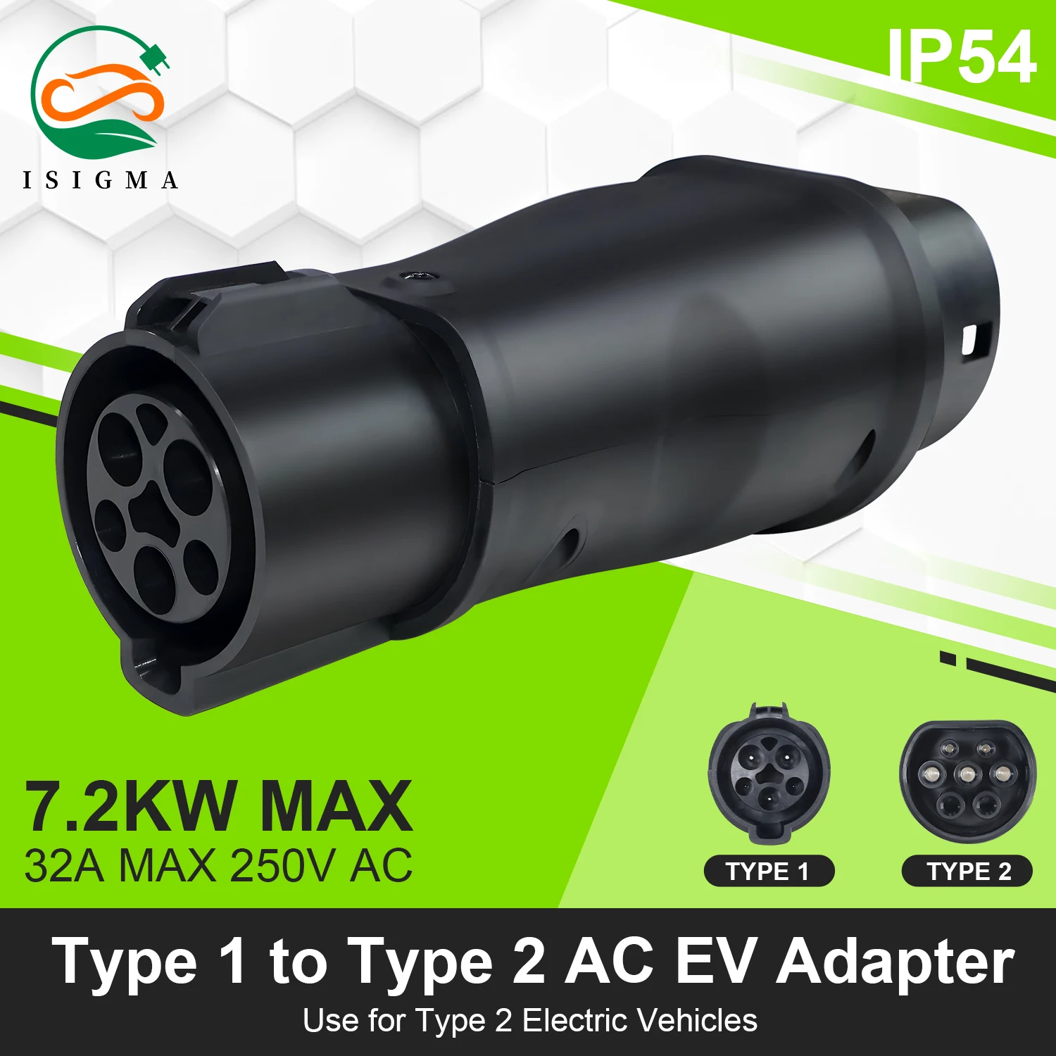 ISIGMA Type 1 To Type 2 SAE J1772 Adaptor 7.2KW 32A 1P EV Charger Connector For Electric Vehicle Car Charging