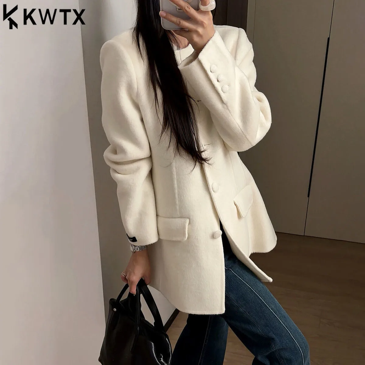 

KWTX 2025 женское винтажное шерстяное пальто, однотонное однобортное, с круглым вырезом, на талии, элегантное, осенне-зимнее, комфортное, роскошное