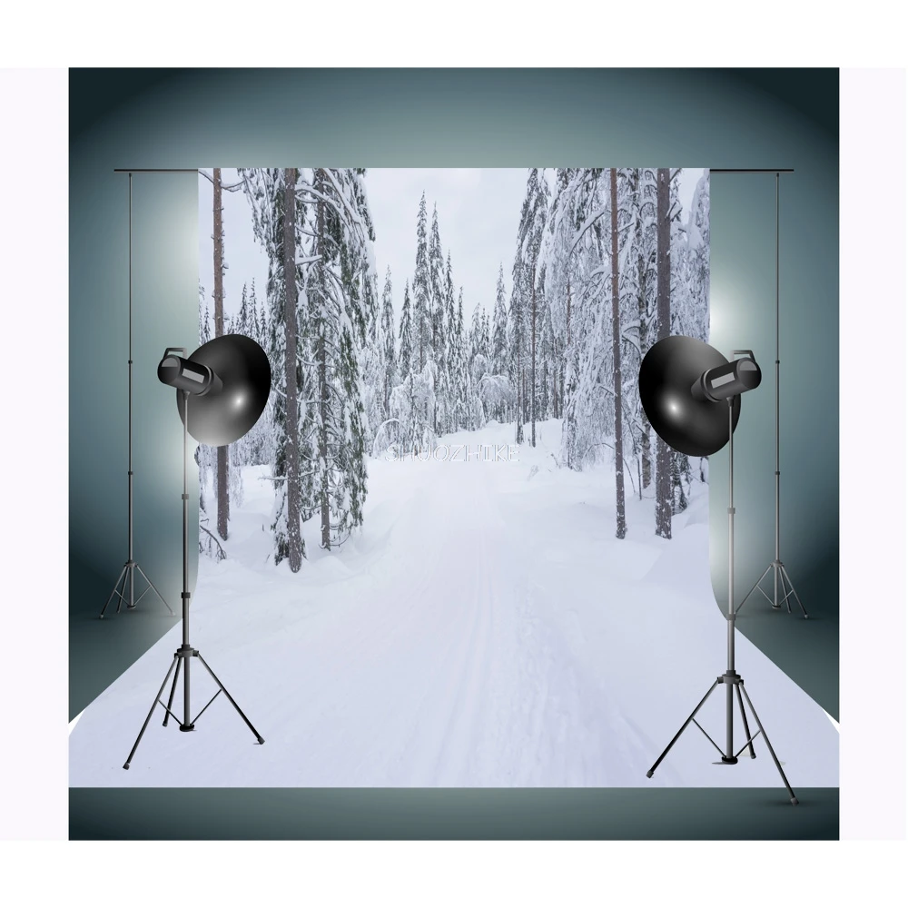 

Winter Forest Snowcovered Road Photography Backdrops Blurred Landscape Snowflakes Road Spruce Trees Photo Background XD-17