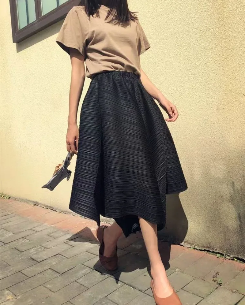 2026 New Summer Miyake Style Pleated Culottes Irregular Skirts Women Elastic High Waisted Korean Loose Wide-leg Pants