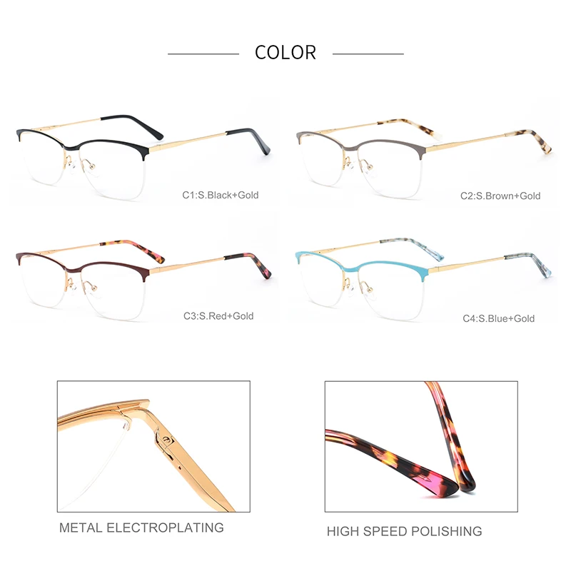 Ceofy Women Metal Eyeglasses Frame Myopia Optical Classical Half Rimless Brand Design Prescription Glasses Women Eyewear