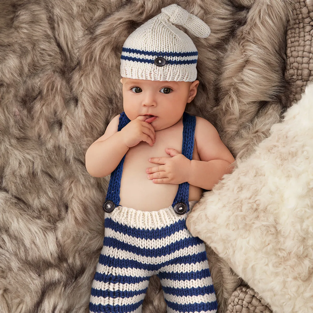 

Newborn Baby Photography Outfit Set Knitted Beige Hat Navy Blue Pants Soft Stretchy Costume Perfect Baby Photoshoot Photo Props