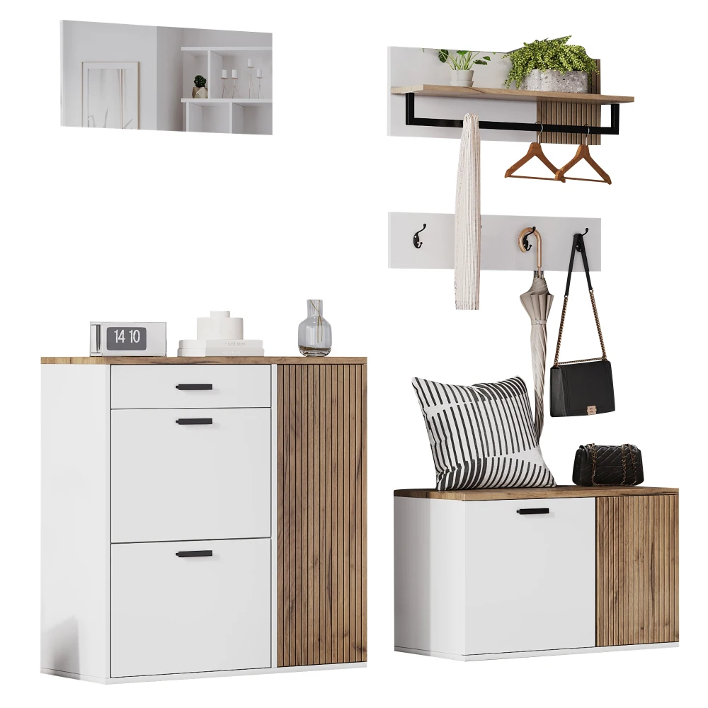 PINGGO 5-teiliges Eingangsbereich-Schuhregal-Set mit Schuhbank, Spiegel, Hängetasche und 4 Haken für Flur und Wohnzimmer – Detail 9