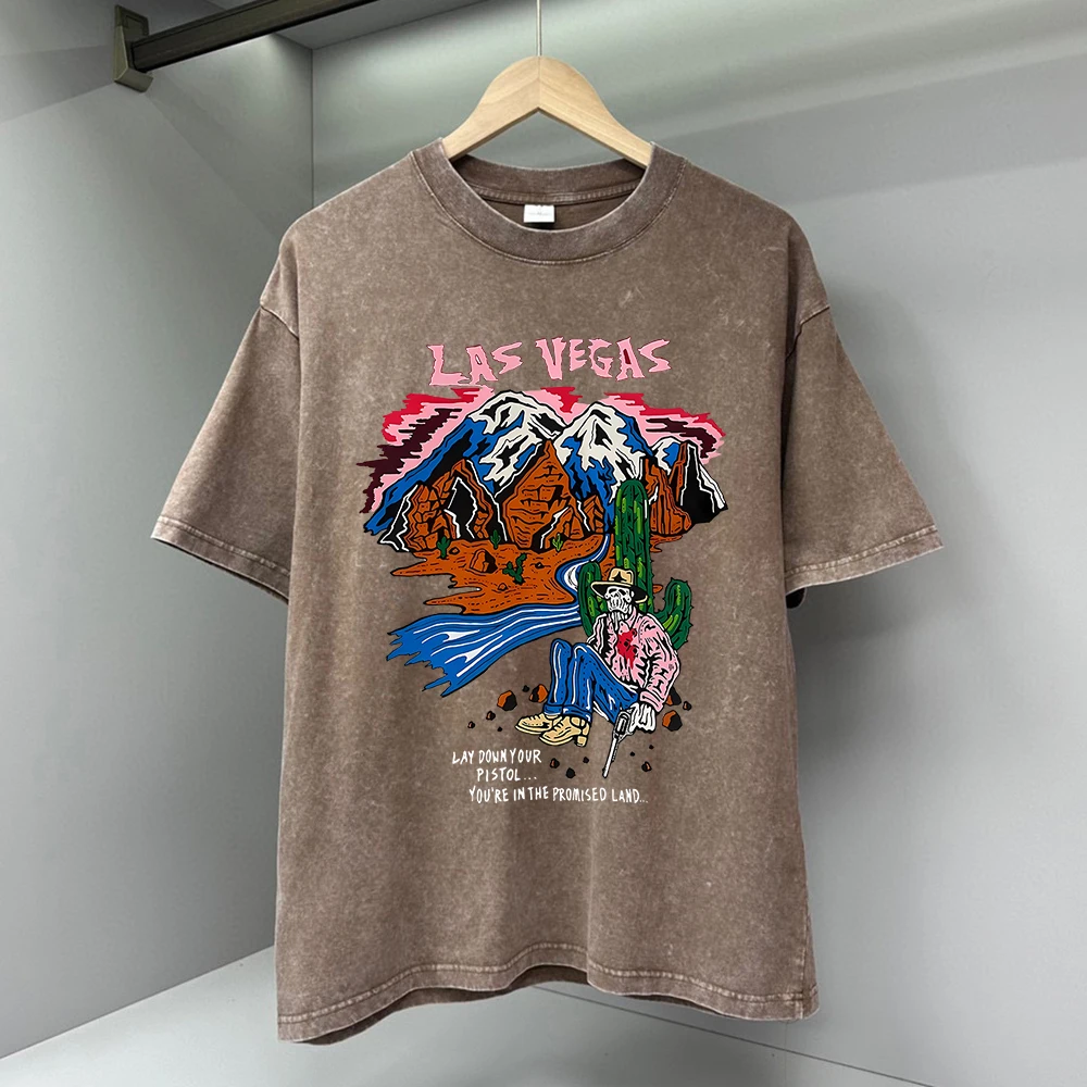 Las Vegas Graffiti-Art Mountain Print Men Clothes Summer T-Shirts High Quality Streetwear 100% Cotton Loose Tops Breathable Tee