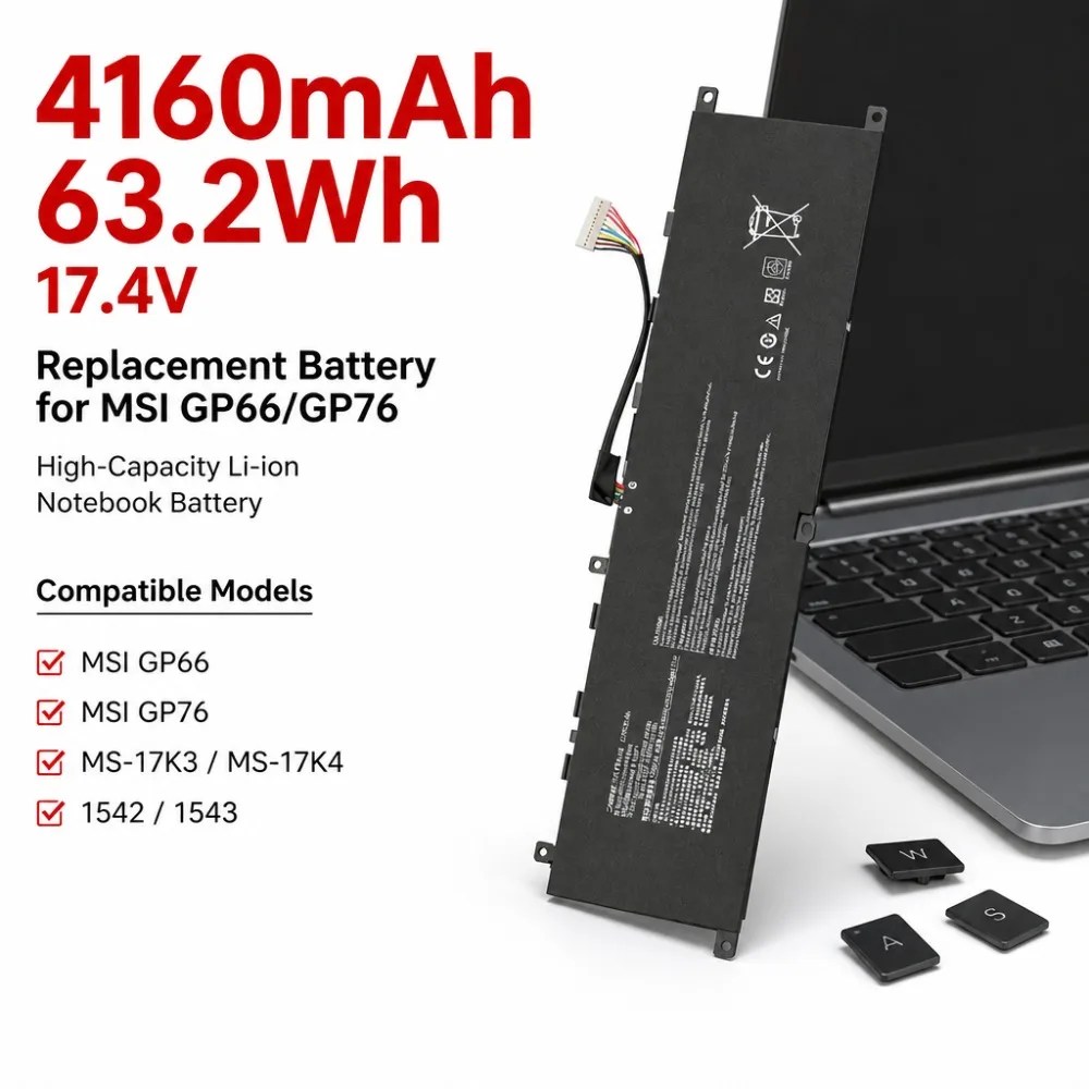 4160mAh 63.2Wh 17.4V Replacement Battery for MSI GP66 GP76 MS-17K3/17K4/1542/1543 Laptop Notebook High-Capacity