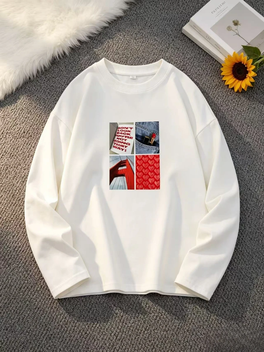 Chic Collage Print Women Long Sleeve T-Shirt Spring Autumn Cotton Ins Trend Comfortable Versatile Daily Casual Basic Fashion Tee