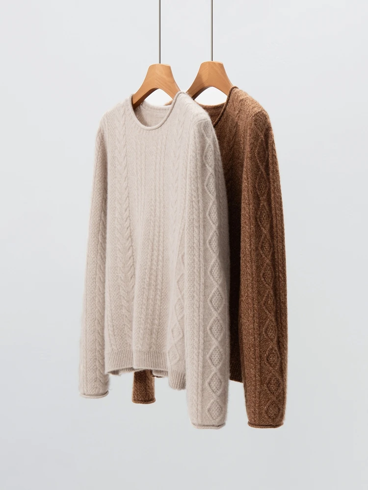O-Neck Autumn Winter Jacquard Pullover Knitted Sweater Solid Women's 100% Cashmere Soft Warm Comfort Cable Stitch Clothing Tops