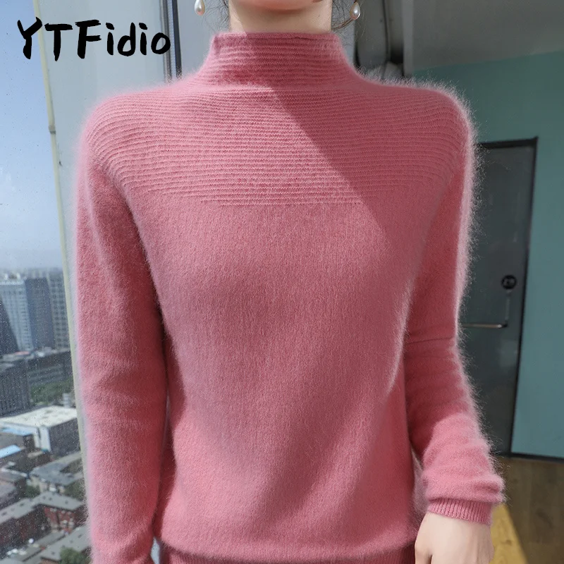 YTFidio Nerz-Kaschmir-Pullover für Damen, Strickwaren, Pullover, dick, halbhoher Kragen, Basis-Tops, Oberbekleidung, gestrickt, übergroß, 147