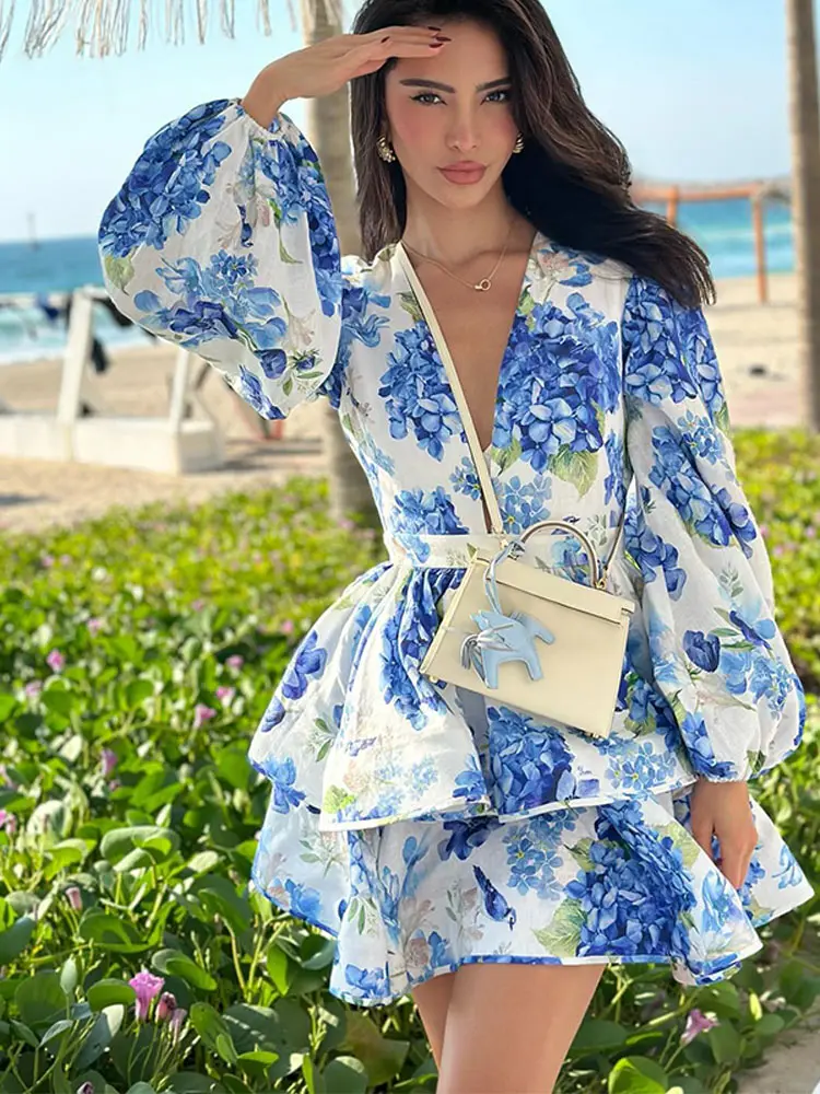 여성용 빈티지 블루 플라워 프린트 A라인 원피스, 섹시한 V넥, 긴 랜턴 소매, 프릴 미니 드레스, 2024 비치 보케이션 로브  Best5