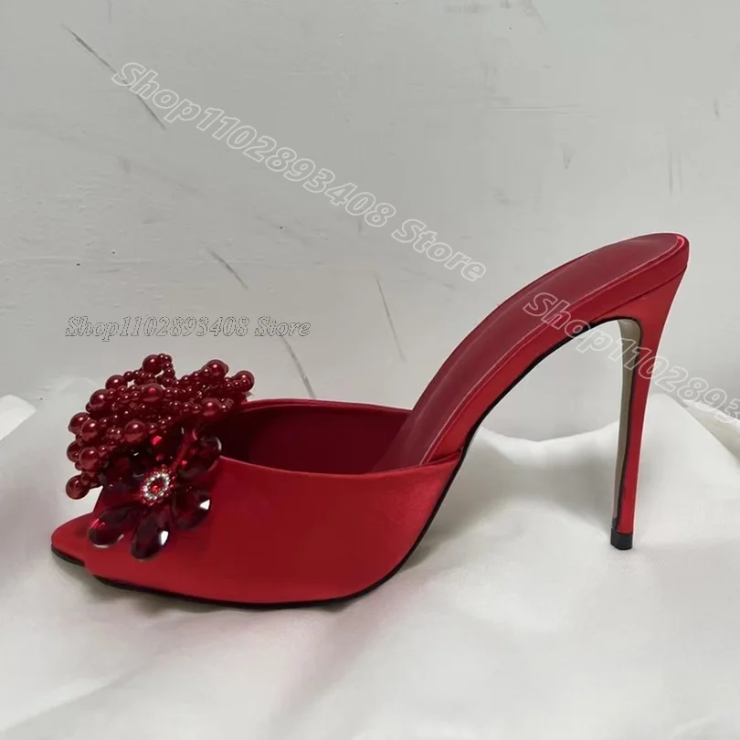 Red Crystal Flower Decor Slippers Slip on Silk Sweet Style Stiletto Wedding Party Summer Women Shoes 2024 Zapatos Para Mujere