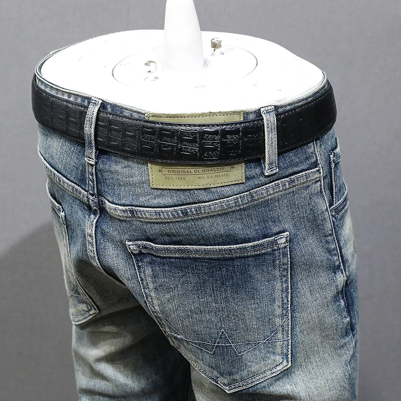 Streetwear Fashion Men Jeans High Quality Retro Blue Elastic Slim Fit Ripped Jeans Men Trousers Vintage Designer Pants Hombre