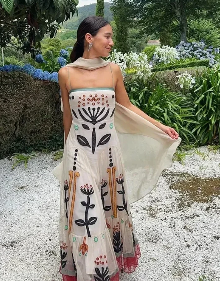 

Print Patchwork Slip Dress Women Sleeveless Mesh Backless Vintage Long Dresses Female Summer Lady Fashion Beach Robes