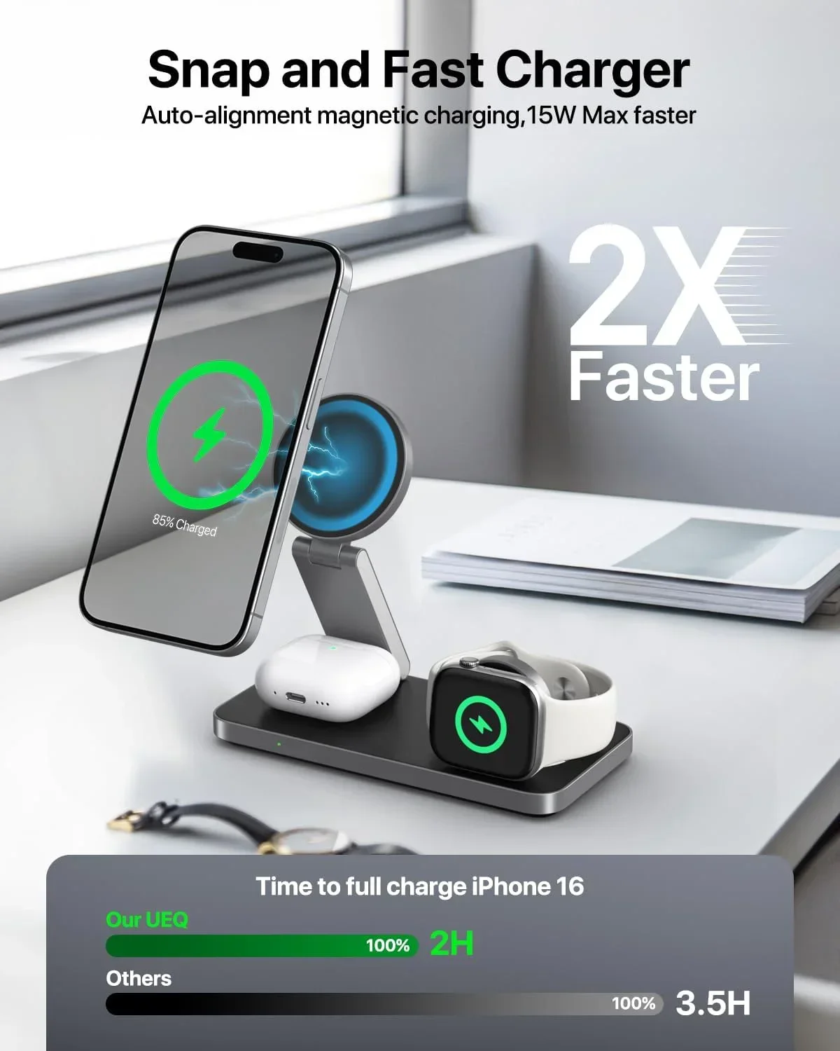 Faltbares 3-in-1 Magnetisches Kabelloses Ladegerät für iPhone 17 16 15 14 PRO MAX Apple Watch Airpods Pro Ständer Schnelle Ladestation – Detail 2