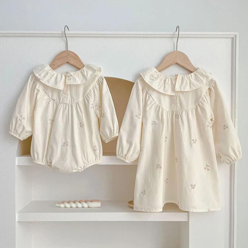 New Spring Sisters Clothes Kids Party Dress Long Sleeved Cotton Flower Embroidery Princess Dress Toddler Baby Bodysuits image 2