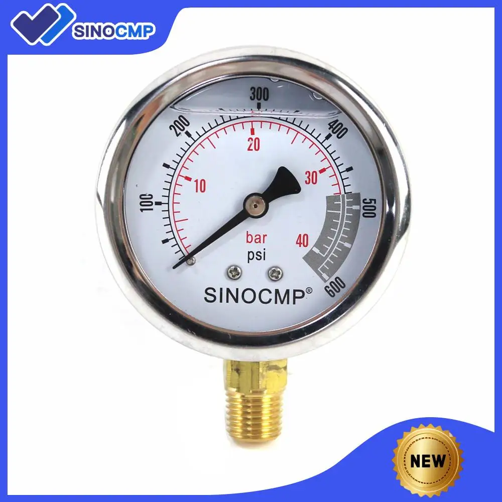 NPT1/4 Hydraulic Pressure Gauge 4Mpa/0-40Bar/0-600PSI Multi Purpose Double Scale Stainless Steel Glycerin Filled Gauge