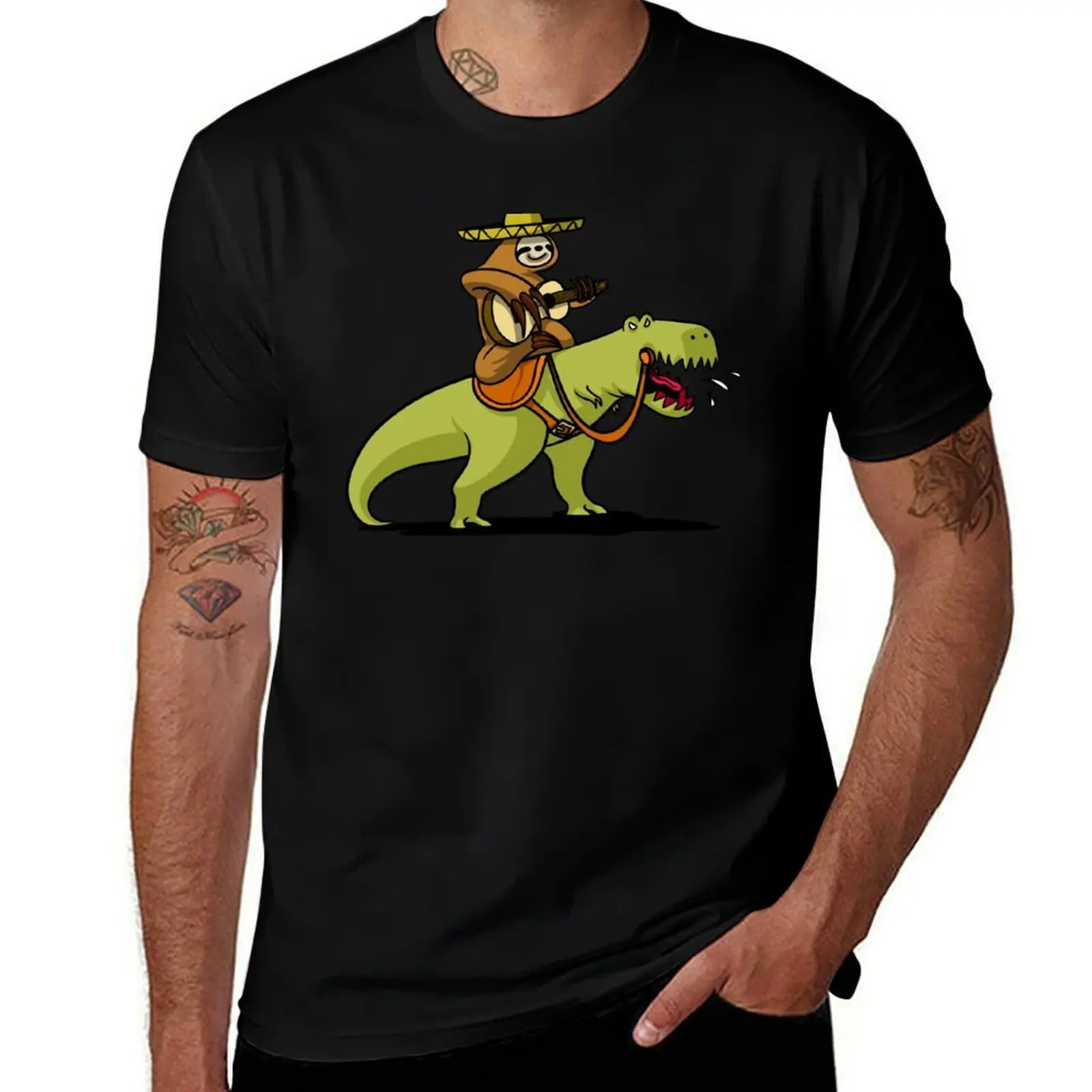 Sloth Cowboy Riding T-Rex Dinosaur T-Shirt Basic Solid Color Short Sleeve T-Shirt