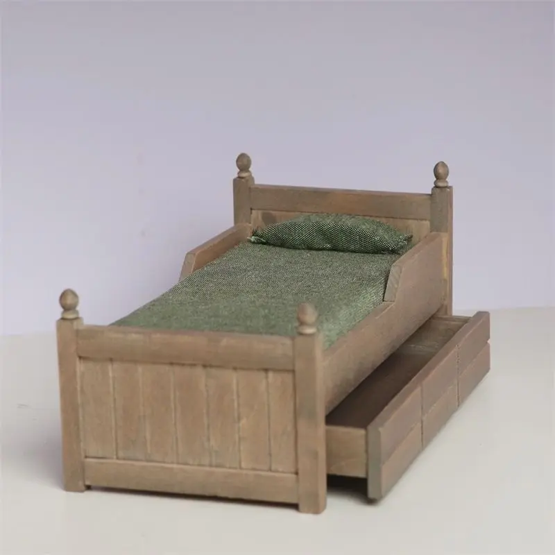 1:12 Scale Miniature Dollhouse Antique Bed with Drawer Pretend Play Bedroom Furniture for OB11 Doll Accessories Toy