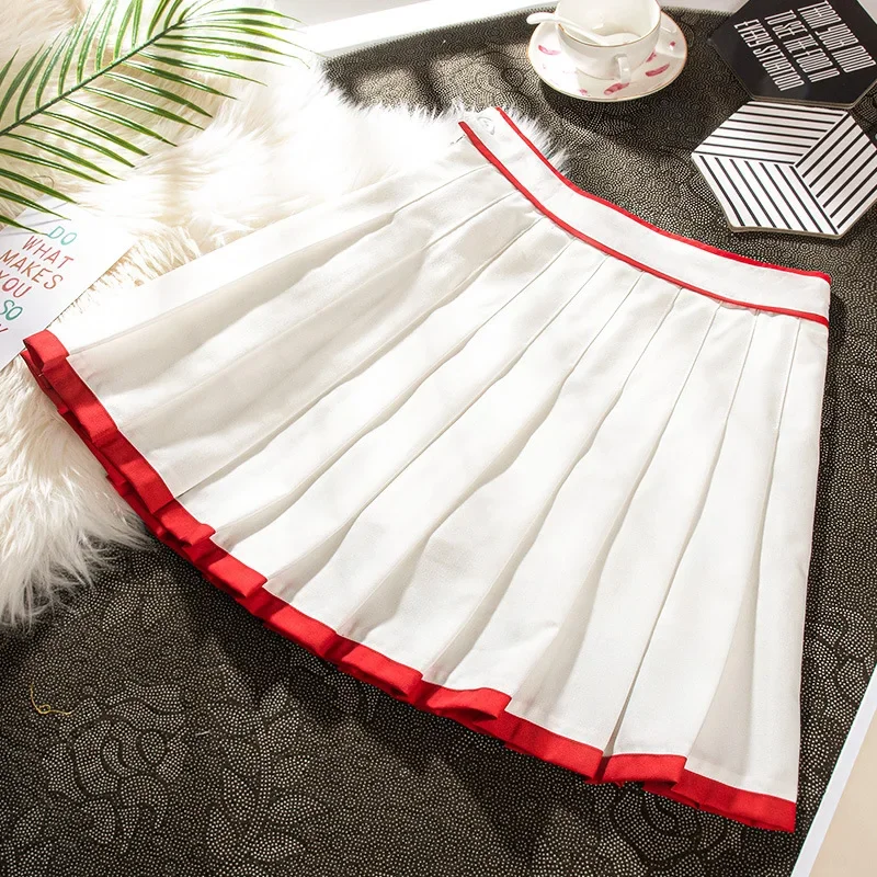 Women\'s Pleated Skirt Skater School Uniform Mini Skirts Hit Color High-waisted Red Short Sports Casual Korean Style Kawaii