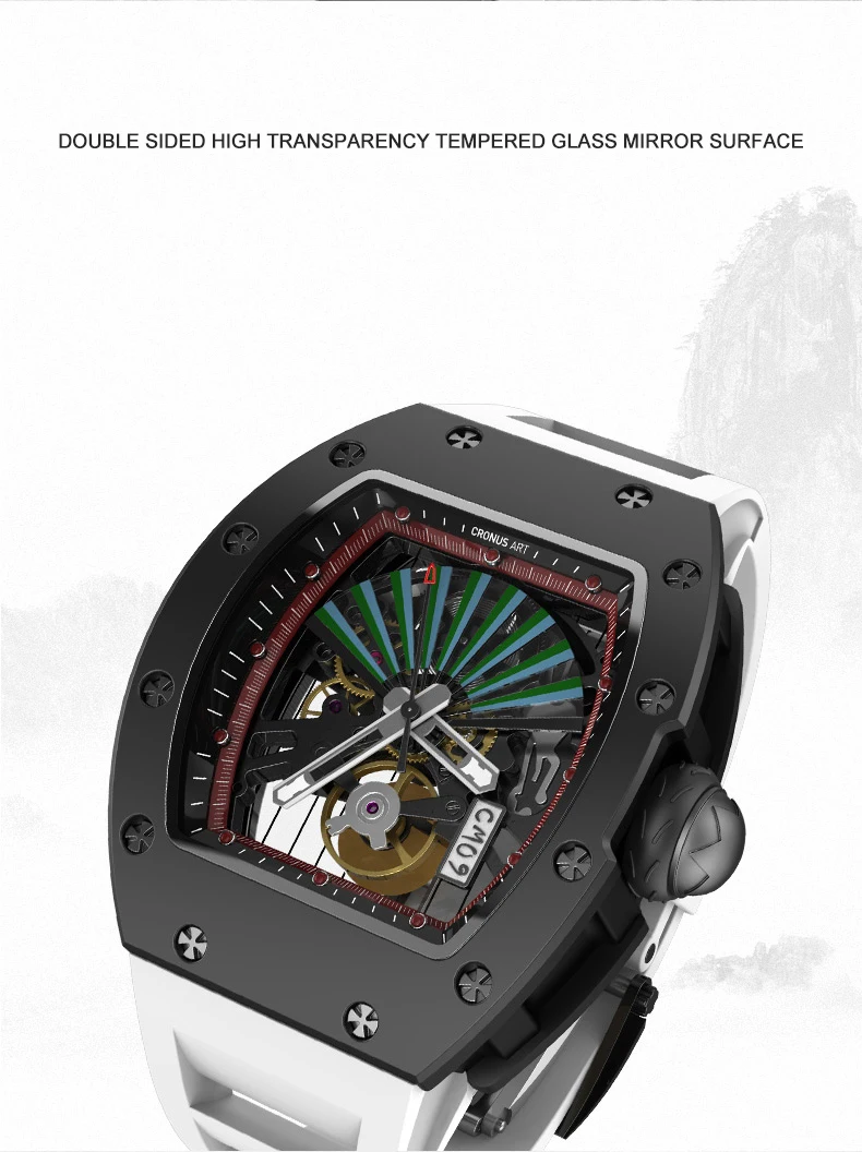 CRONUSART Heren automatisch horloge Luxe Tonneau mechanisch polshorloge Koolstofstalen behuizing Fluorrubberen band Skeleton Fan Face Dial