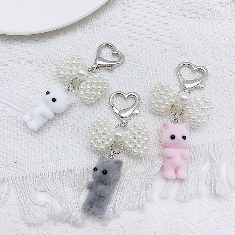 Imitation Pearl Bow Shaped Flocking Cat Pendants Keychain Heart Key Chain Bowknot Cat Keyring Bag Hanging Ornaments Couple Gifts