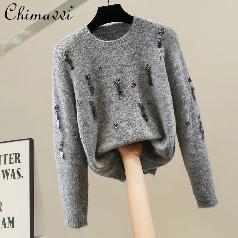 

Korean Fashion Heavy Sequin Sweater Women Autumn Winter New Fashion Gray Design Long Sleeve Loose Elegant Pullover Tops