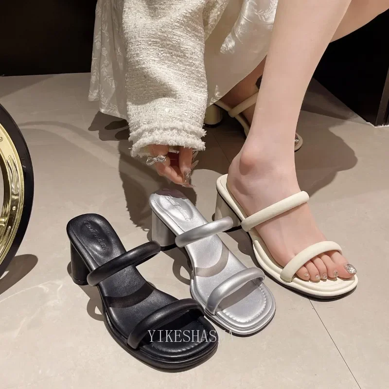 Sandalias de tacón alto con banda estrecha para mujer, zapatos elegantes con punta abierta, estilo callejero, para playa, 2024