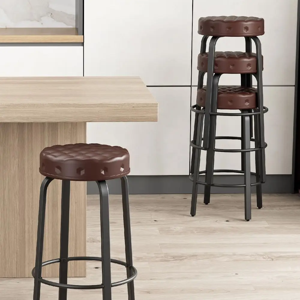 Set di 2, 24 sgabelli da bar alti impilabili in pelle PU, sedie imbottite rotonde senza schienale per cucina, sala da pranzo e caffè, marrone