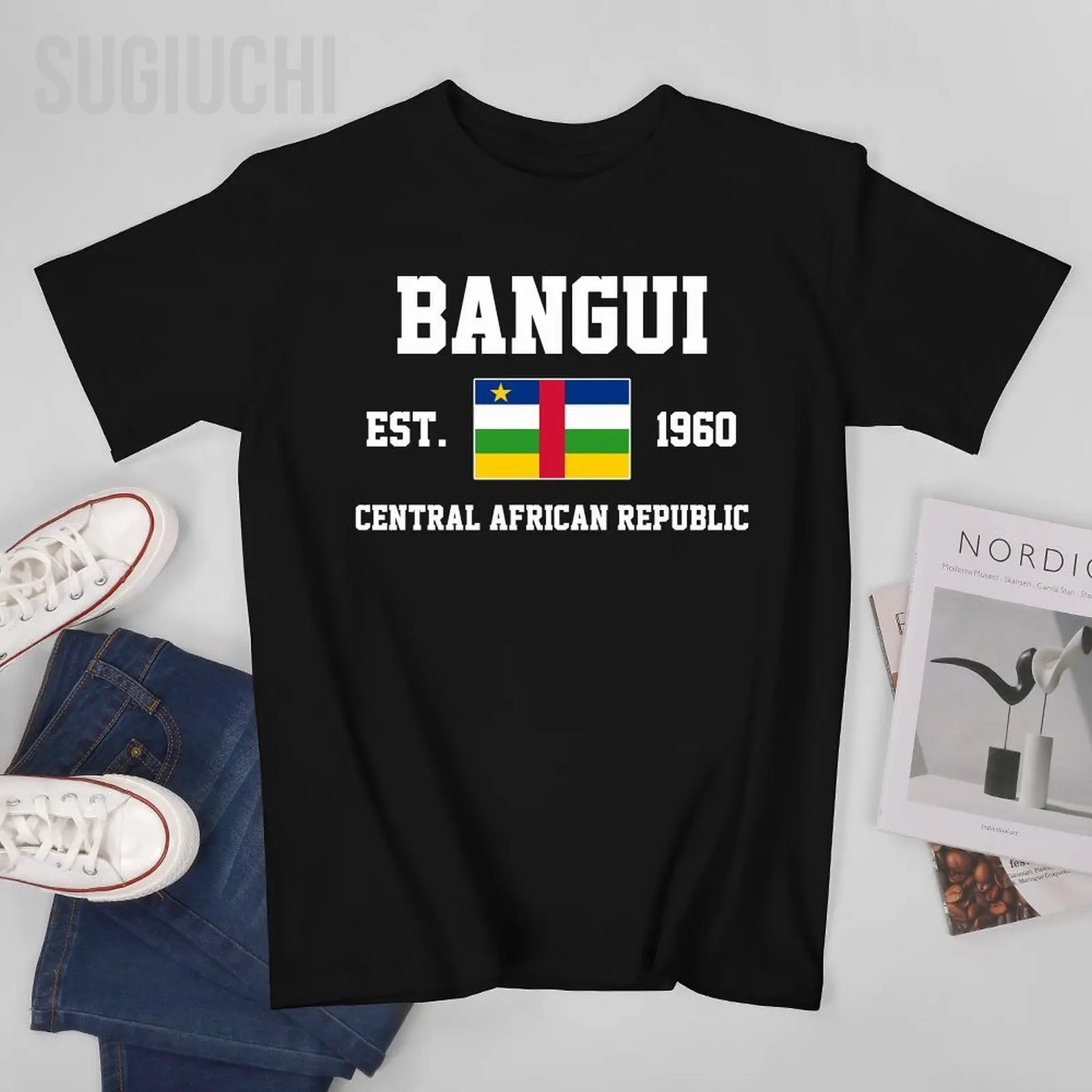 Bandera patriótica República Central Africana EST.1960 Bangui hombres camiseta camisetas cuello redondo camisetas mujeres niños ropa 100% algodón