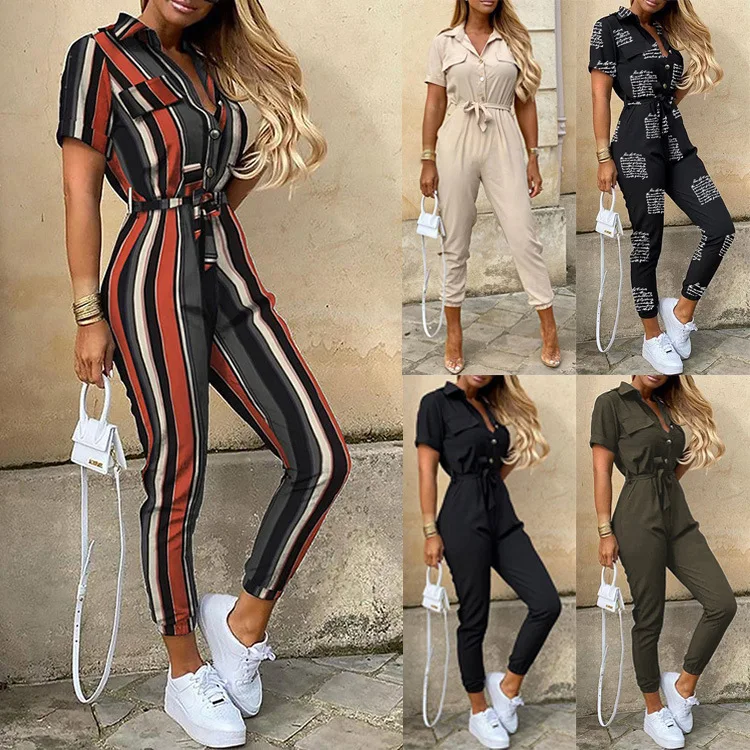 Summer 2024 European and American women's pants casual lapel buckle printed belt cargo jumpsuit